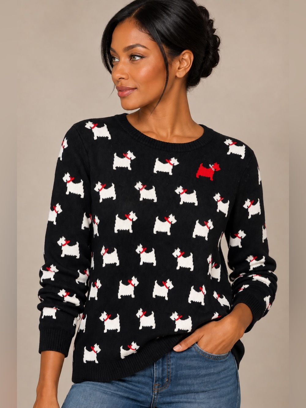 Charter Club Scottie Dog Sweater Women’s XL Black Cotton Blend Novelty